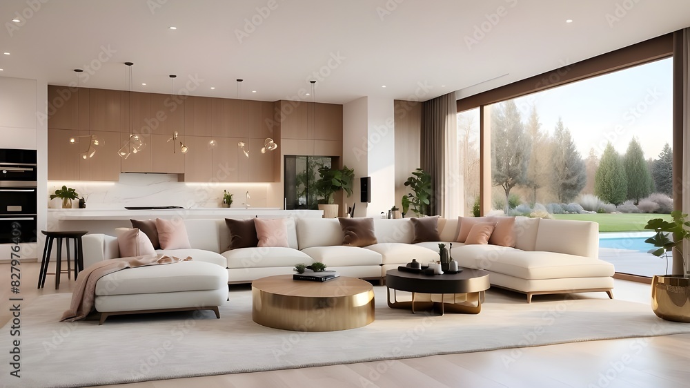 Lovely interior design for the living room of a brand-new, opulent house with an open floor plan. displays the dining area, kitchen, and wall of windows with the incredible exterior of Generative AI Lovely interior design for the living room of a brand-new, opulent house with an open floor plan. displays the dining area, kitchen, and wall of windows with the incredible exterior of Generative AI