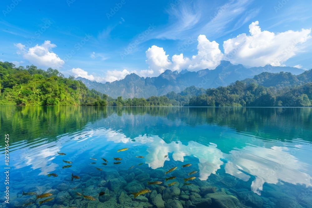 Serene lake, tall mountains, lush trees, clear sky on a sunny day