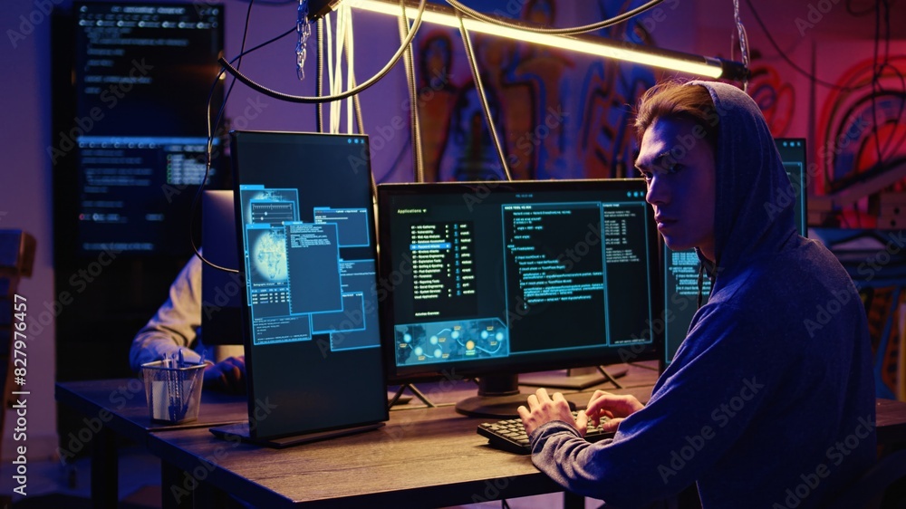 Fototapeta premium Skilled hacker group members deploying malware on unaware victims computers, stealing sensitive and private information, selling it on darknet crime haven to highest bidder