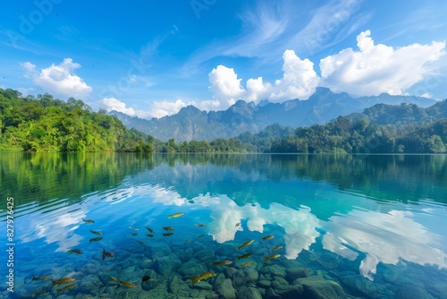 Serene lake, tall mountains, lush trees, clear sky on a sunny day