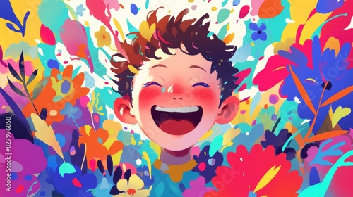 An illustration depicting a joyful young boy with wide eyes a beaming smile showcasing two tiny teeth brown hair and two little hands designed in a colorful 2d art style