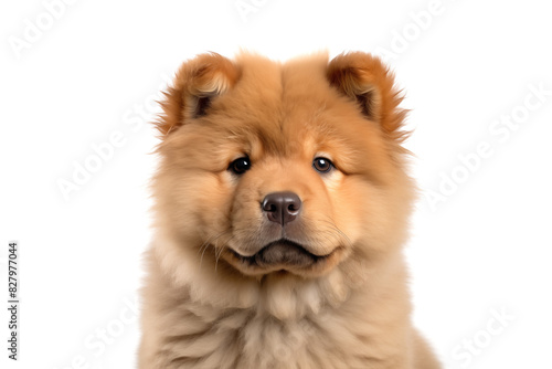 Cute Chow Chow puppy looking at camera. Head close-up portrait of Chow Chow dog. White Isolated background. Generative AI