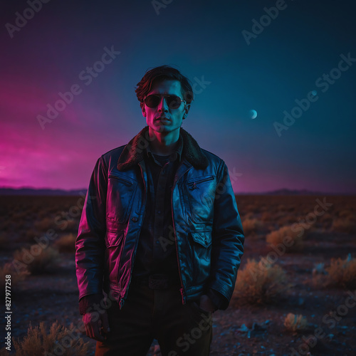man in sunglasses and leather jacket in a neon wasteland, desert landscape with small bushes in the distance
