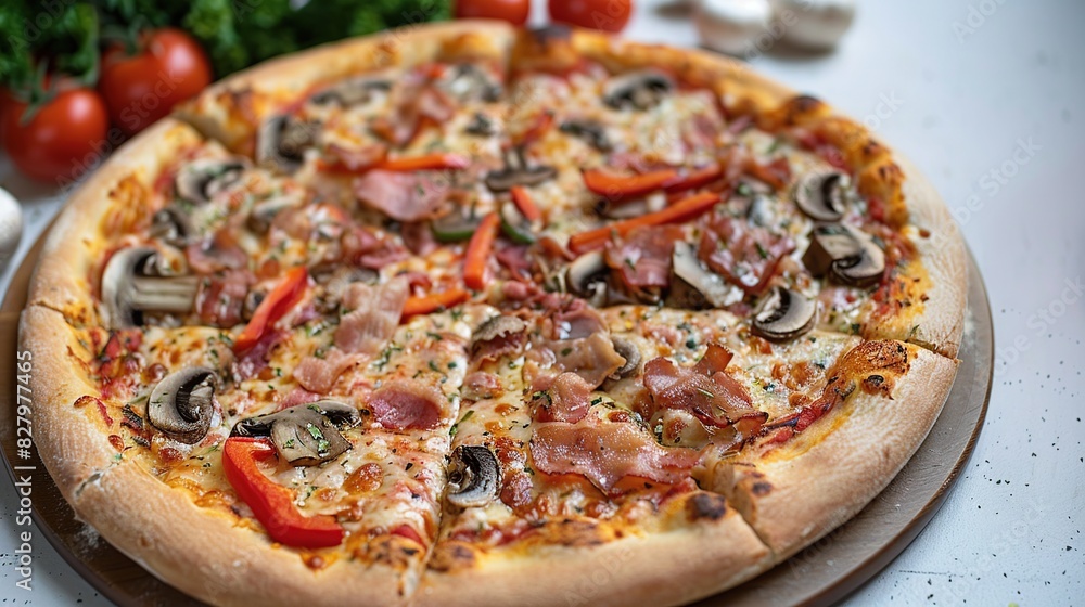 pizza with mushrooms, bacon and vegetables close up. Generative Ai pizza with mushrooms, bacon and vegetables close up. Generative Ai
