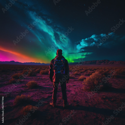 man admiring the sky in a neon wasteland, desert landscape with small bushes in the distance