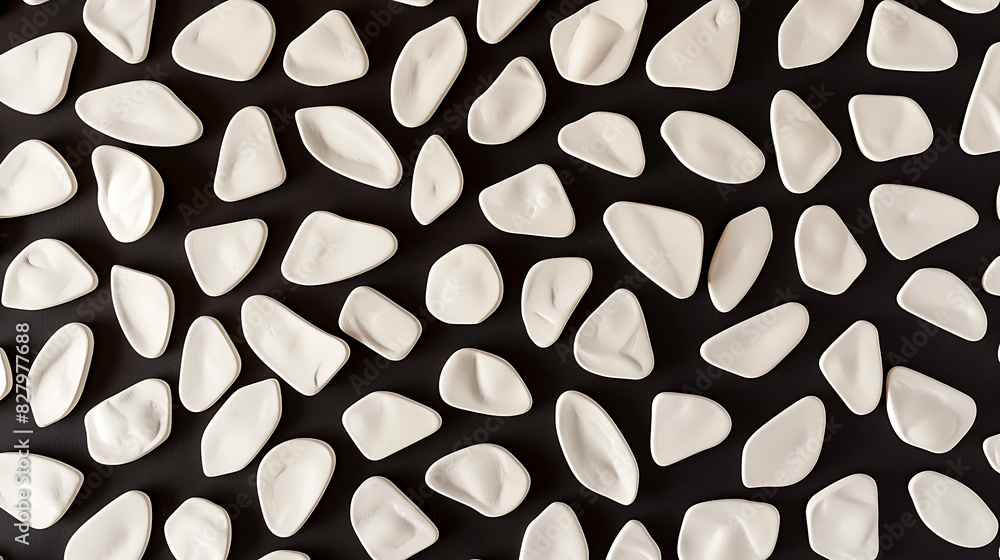 a pattern consisting of numerous white shapes against a black background. The shapes resemble seeds or pebbles, each with a unique size and form, creating an organic and irregular pattern a pattern consisting of numerous white shapes against a black background. The shapes resemble seeds or pebbles, each with a unique size and form, creating an organic and irregular pattern