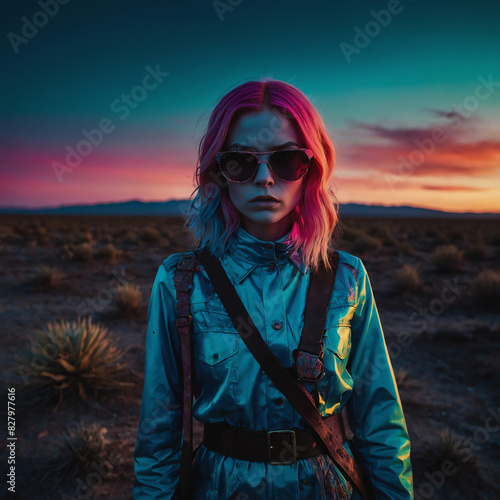 redheaded woman wearing a jumpsuit in a neon wasteland, desert landscape with small bushes in the distance