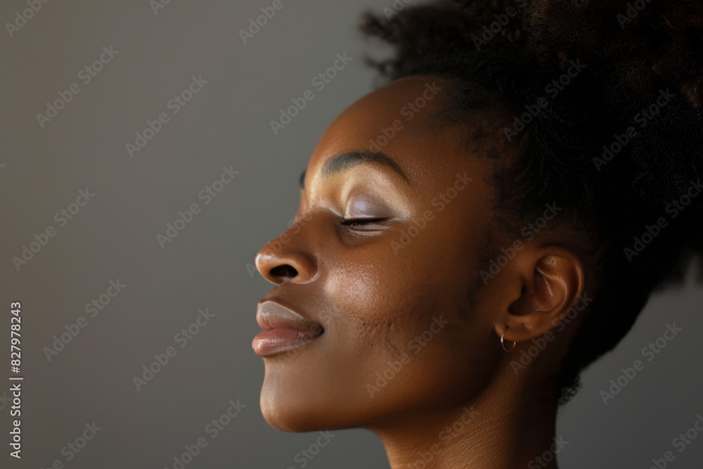 A close up of a black woman's face with her eyes closed looking to a side A close up of a black woman's face with her eyes closed looking to a side