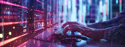 Data Processing, digital technology, internet network concept. Computer programmer working on big data and computer code with data center, server room as background.