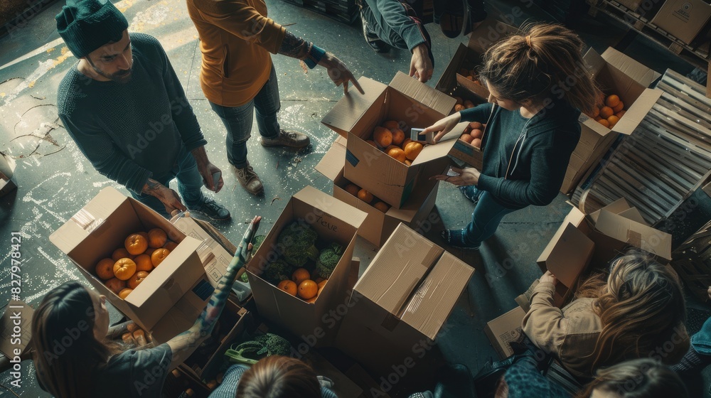 A group of volunteers are sorting through boxes of donated food at a ...