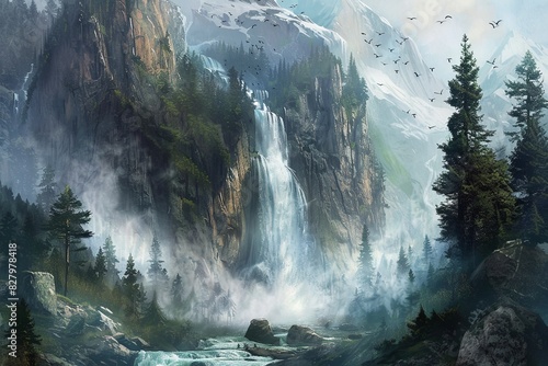 A painting depicting a mountain towering over a waterfall with cascading water  surrounded by trees and rocks. Generative AI