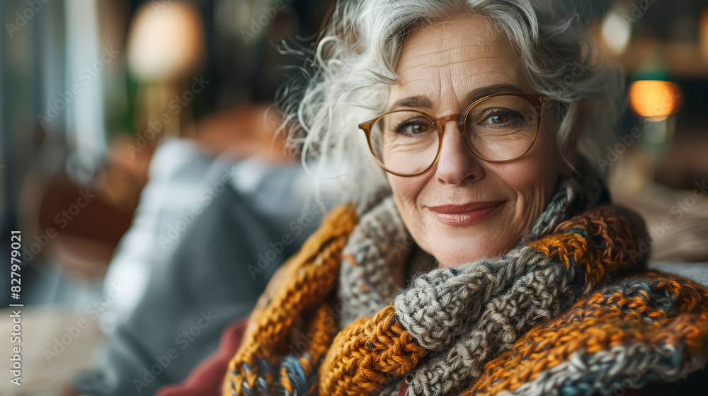 A woman with glasses and a scarf is sitting on a couch. She has a serious expression on her face A woman with glasses and a scarf is sitting on a couch. She has a serious expression on her face