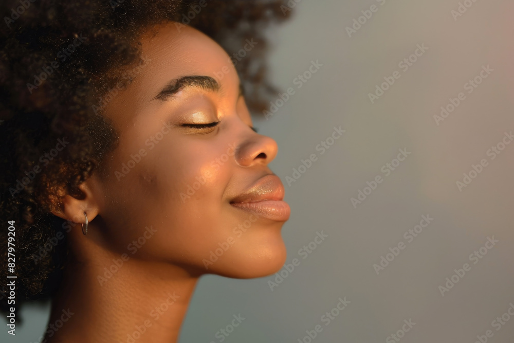 A close up of a black woman's face with her eyes closed looking to a side A close up of a black woman's face with her eyes closed looking to a side