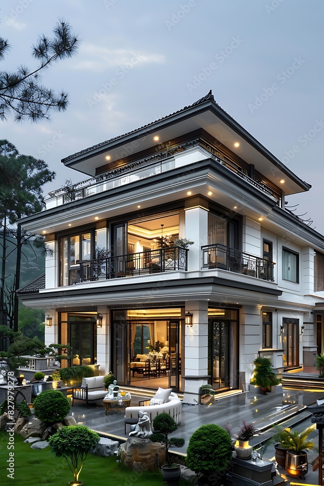 Fototapeta premium Luxury modern mansion with large windows and elegant architectural design