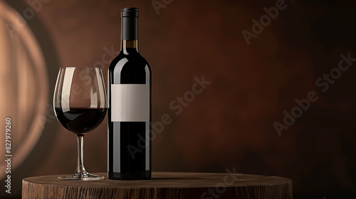 a bottle of red wine standing on a woodden podium with a white label without logo, beside wine glass half empty