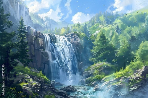 A painting capturing a waterfall cascading through a vibrant forest setting, showing water movement and tree surroundings. Generative AI