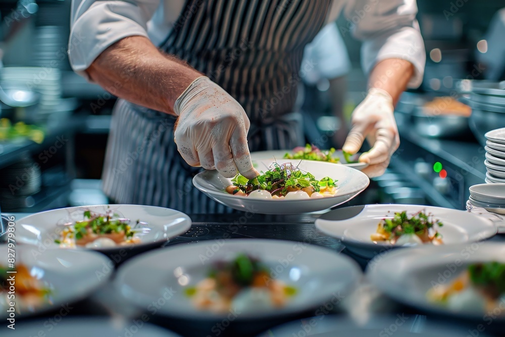 Chef plating gourmet dish, emphasizing culinary excellence, meticulous presentation, and vibrant colors in a professional kitchen setting Chef plating gourmet dish, emphasizing culinary excellence, meticulous presentation, and vibrant colors in a professional kitchen setting