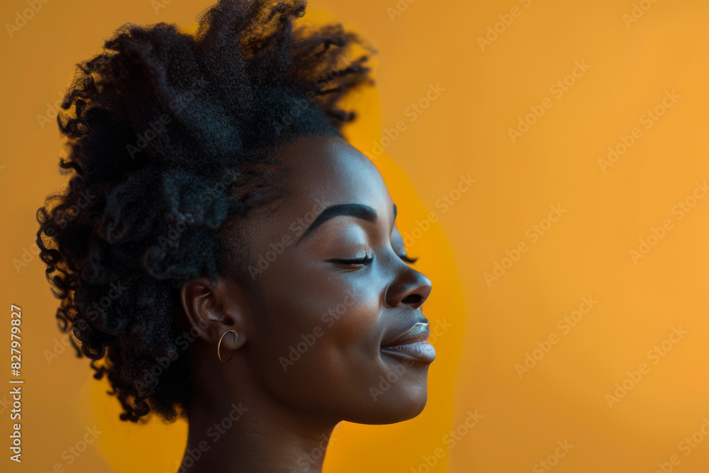 A close up of a black woman's face with her eyes closed looking to a side A close up of a black woman's face with her eyes closed looking to a side