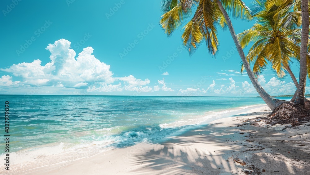 Panorama beach with palm trees and clouds in the sky