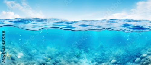 Ocean deep water, sea under water horizon. Water surface and ocean or sea underwater split by waterline. Generative AI
