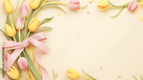 Beautiful Floral Arrangement with Yellow and Pink Tulips and a Pink Ribbon