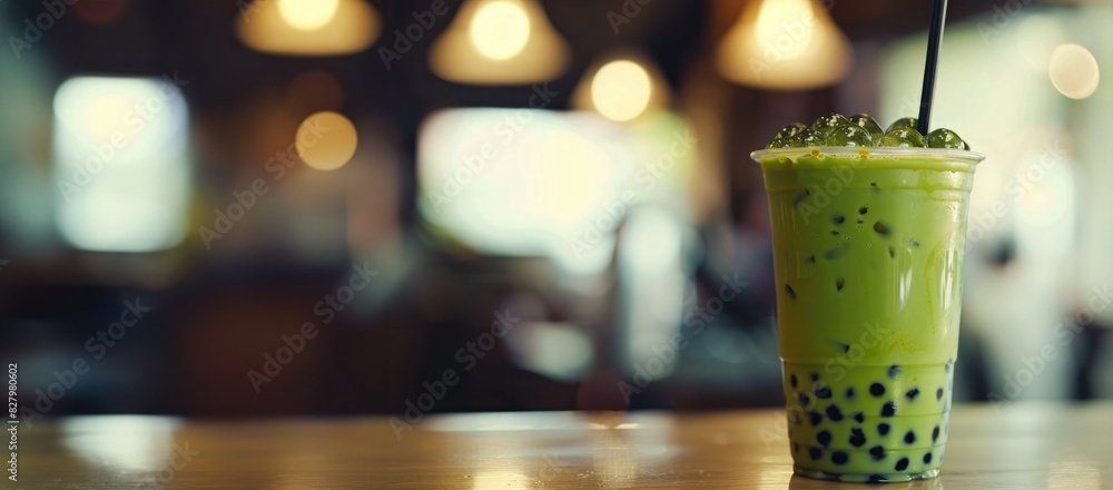 matcha bubble boba tea in a cup on wooden table, banner with copy space