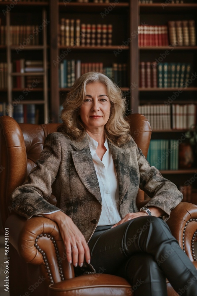 Obraz premium elegant and beautiful middle aged businesswoman sitting in leather chair, wearing business attire, office background with bookshelves. generative AI