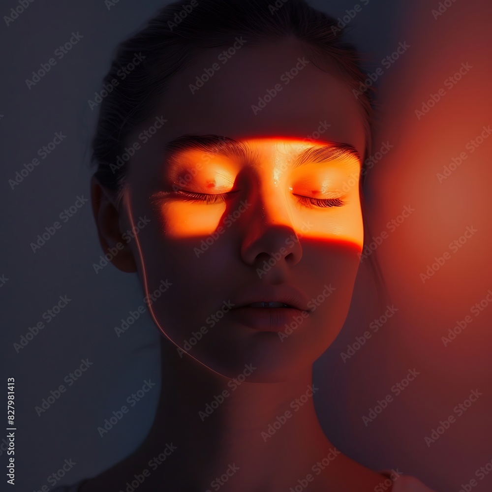 Portrait of Woman with half-illuminated face, Orange glow and shadow gradient, minimalist contrast and serene expression - Generative AI Portrait of Woman with half-illuminated face, Orange glow and shadow gradient, minimalist contrast and serene expression - Generative AI