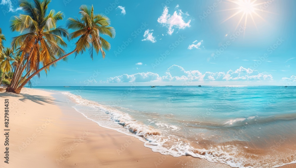 Panorama beach with palm trees and clouds in the sky Panorama beach with palm trees and clouds in the sky