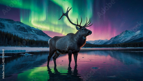 Portrait of a highly detailed majestic reindeer standing by a lake with the beautiful northern lights dancing in the sky © The A.I Studio