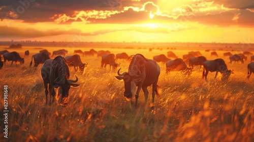 A peaceful herd of wildebeests grazing on the grasslands highlighted by the warm hues of the setting sun. photo