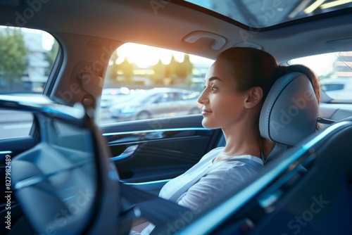 Elegant businesswoman in autonomous car, utilizing connected technology for productivity during her urban commute photo