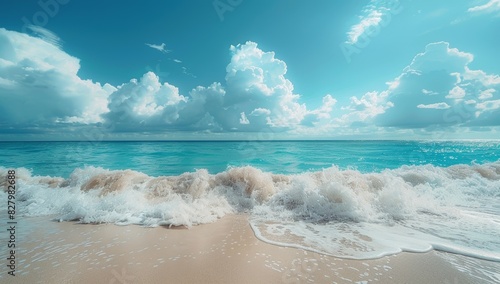 Panorama beach with palm trees and clouds in the sky