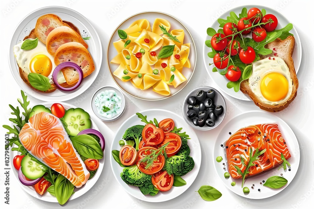 Healthy food choices beautifully presented on a white background, emphasizing freshness and balanced nutrition Healthy food choices beautifully presented on a white background, emphasizing freshness and balanced nutrition