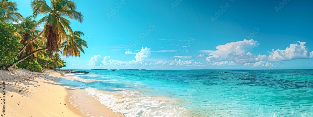 Fototapeta premium Panorama beach with palm trees and clouds in the sky