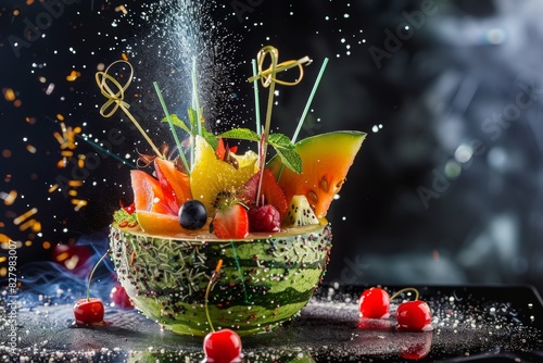 A bowl of assorted fruit with toothpicks on a table photo