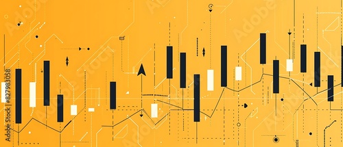 Modern Flat Illustration of Candlestick Chart, Minimalistic Line Art on Yellow Background, Stock Market Graph with Up and Down Arrows. Generative AI