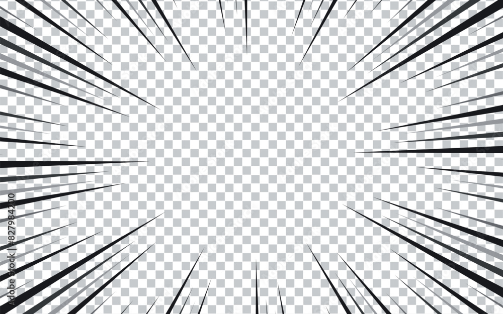 Transparent manga background. Comic explosion, motion speed vector radial line action effect. Anime comic book abstract frame with black pattern of superhero action lines.