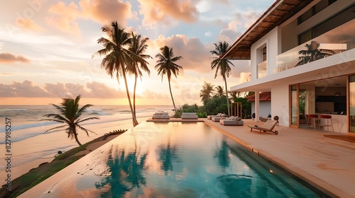 Luxury waterfront villa: with the pool, beach house, palm trees, sunset, white walls and modern architecture in Sri Lanka with an ocean view, infinity edge swimming pool overlooking the sea.