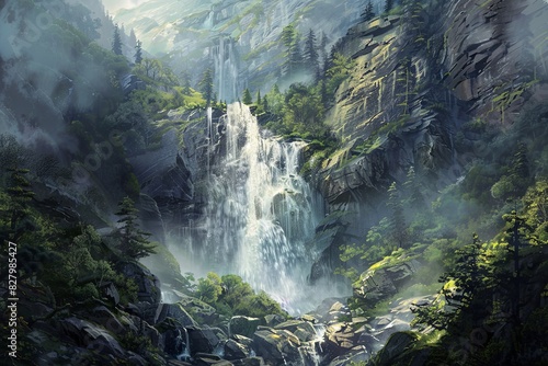 A painting featuring a waterfall cascading down rocks surrounded by lush green trees. Generative AI