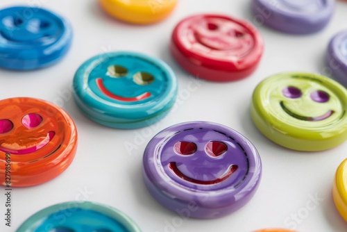 Vibrant button collection with smiley faces, emphasizing a mix of joy and color in crafts