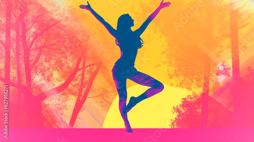 A woman is dancing in a forest with a bright orange and pink background. Concept of freedom and joy  as the woman is fully engaged in her dance. The vibrant colors of the background