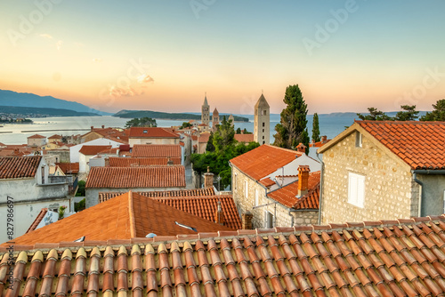 HIstoric towers of a Rab town on Rab island at sunrise, Croatia.