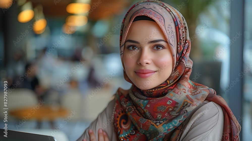 Fototapeta premium Middle-eastern businesswoman wearing traditional arab abaya working in the office in Dubai - Adult arabian corporate business woman working in the UAE