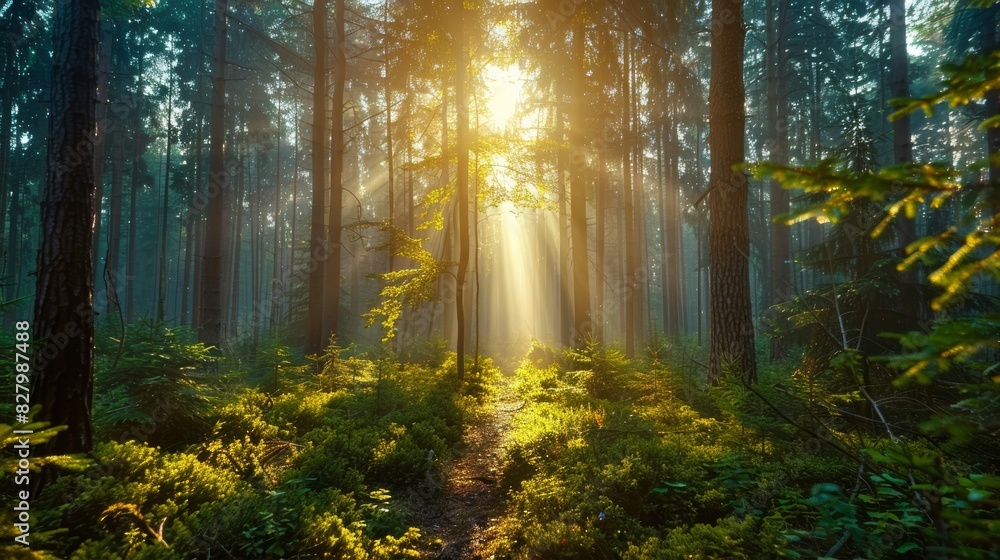 Fototapeta premium Sunlight Beaming Through a Dense Forest with Lush Greenery