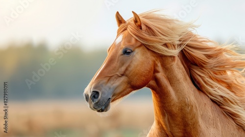 Beautiful chestnut horse with flowing mane galloping in an open field at sunset  showcasing strength and freedom.