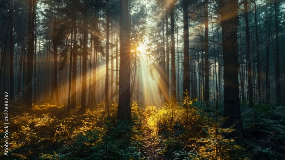 Sunlight Beaming Through a Dense Forest with Lush Greenery