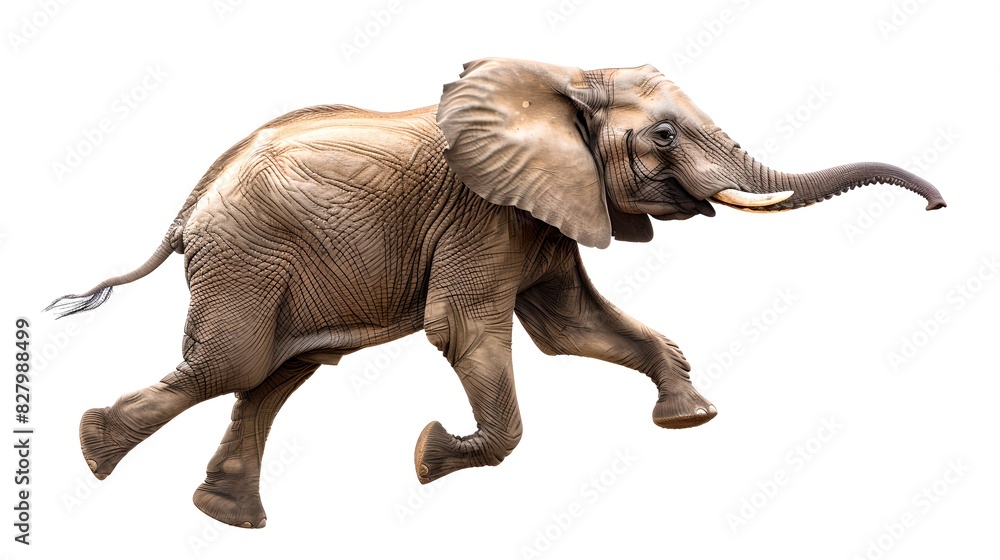 Obraz premium Running elephant captured in mid-stride. A dynamic image of a wild animal in action. Perfect for wildlife photography enthusiasts. AI