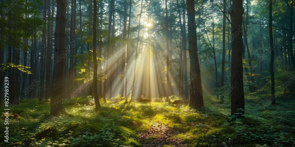 Fototapeta premium Sunlight Beaming Through a Dense Forest with Lush Greenery