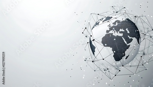 Digital globe with global network connections, white background, simple lines representing the Earth's surface, global map, data flow in black & grey tones, with subtle geometric patterns around it.